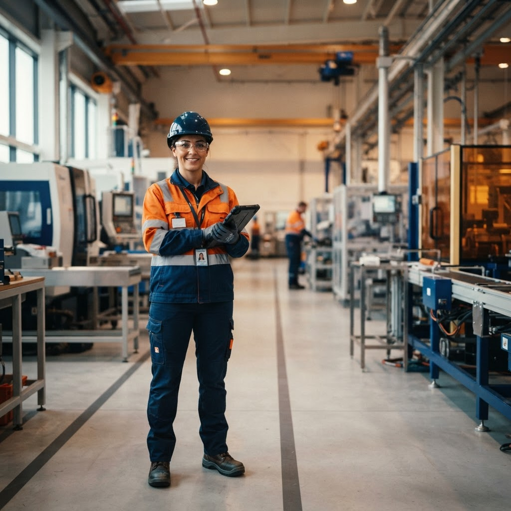Profissional de segurança do trabalho utilizando equipamentos de proteção em ambiente industrial